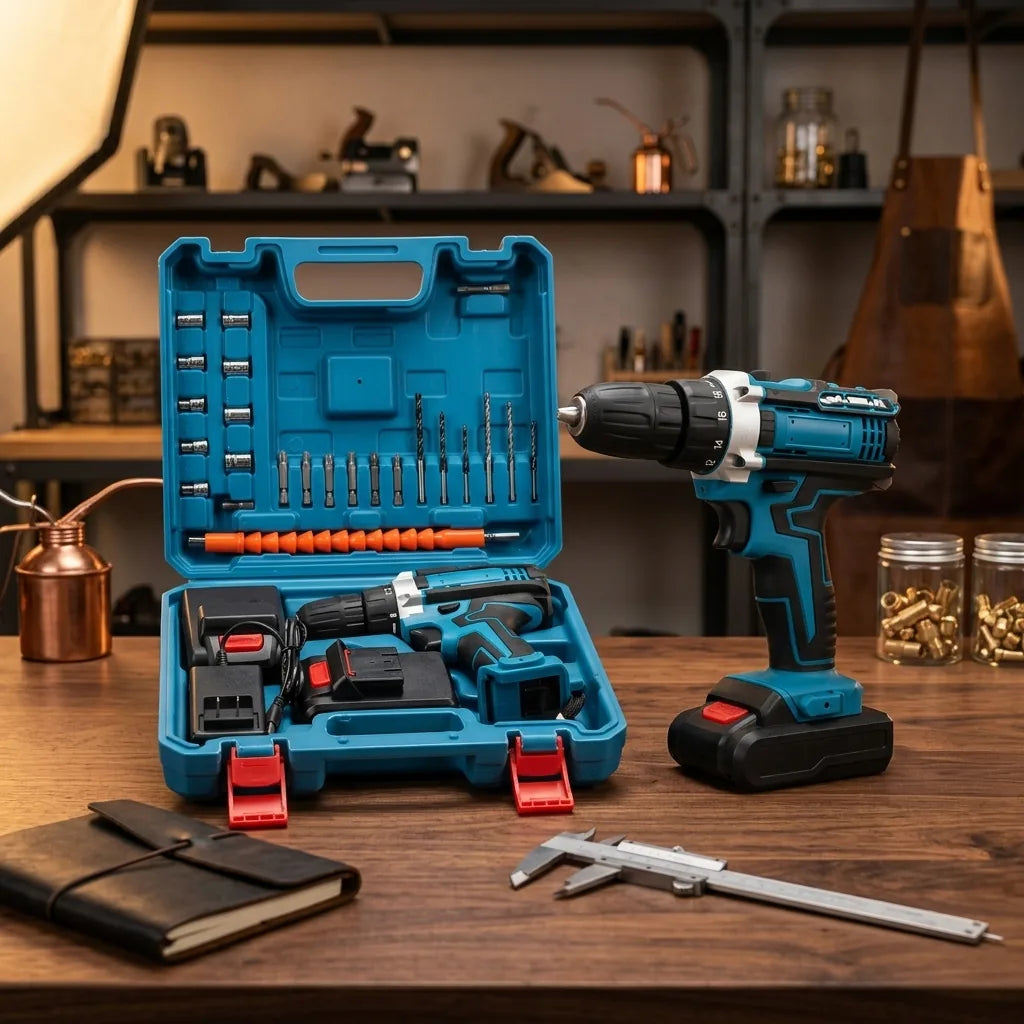 Kit de taladro inalámbrico con maletín y accesorios