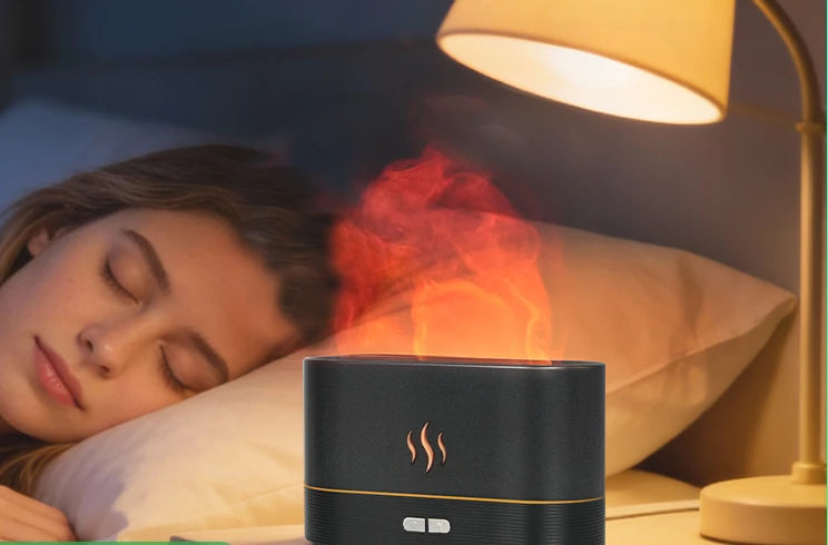 Difusor Flame encendido en mesa de noche