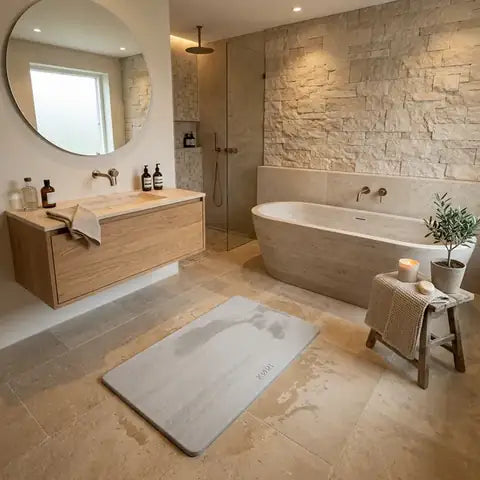 Baño minimalista con productos de belleza ritual
